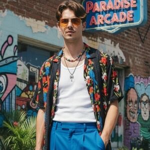 Vintage 90s Paradise Found Hawaiian Shirt Black Rayon Parrot Floral Mens